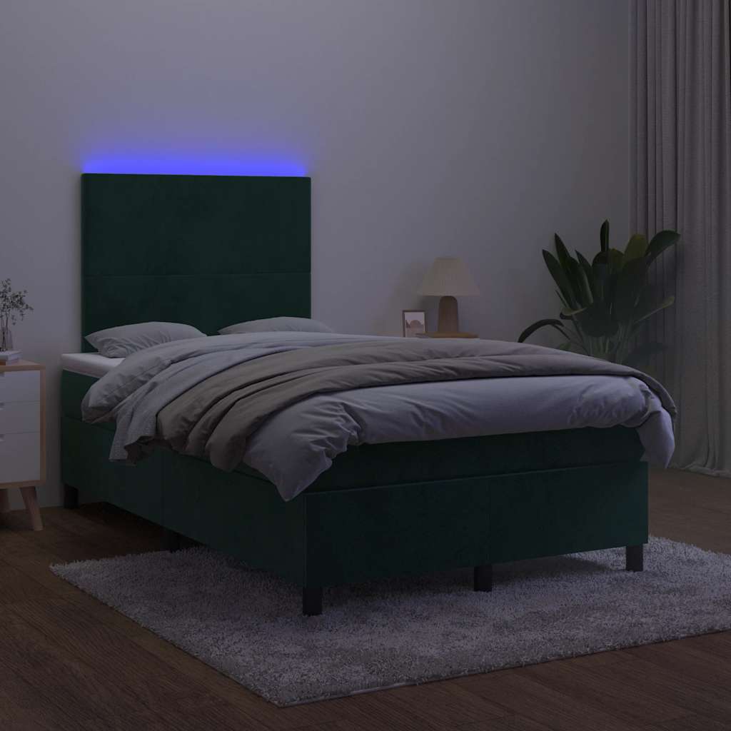 vidaXL Κρεβάτι Boxspring με Στρώμα & LED Σκ. Πράσινο 120x200εκ Βελούδο