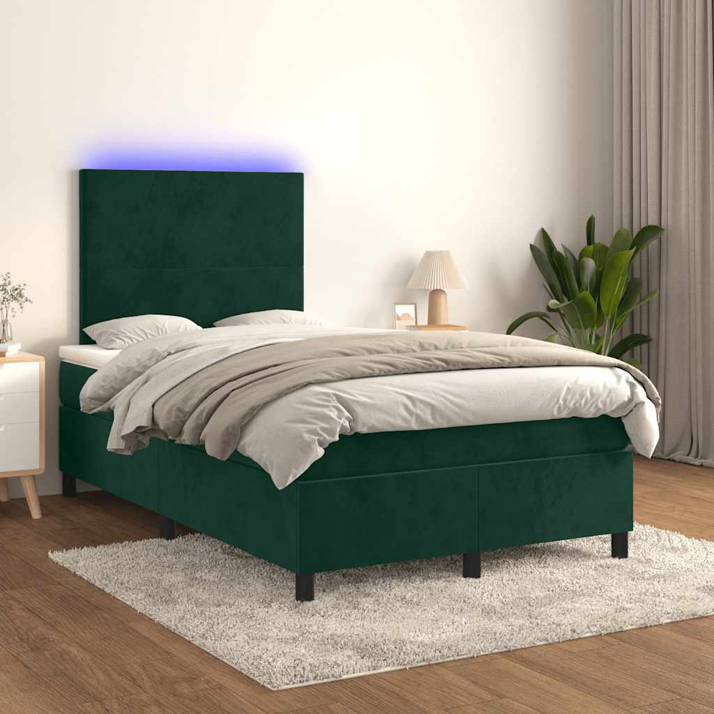 vidaXL Κρεβάτι Boxspring με Στρώμα & LED Σκ. Πράσινο 120x200εκ Βελούδο