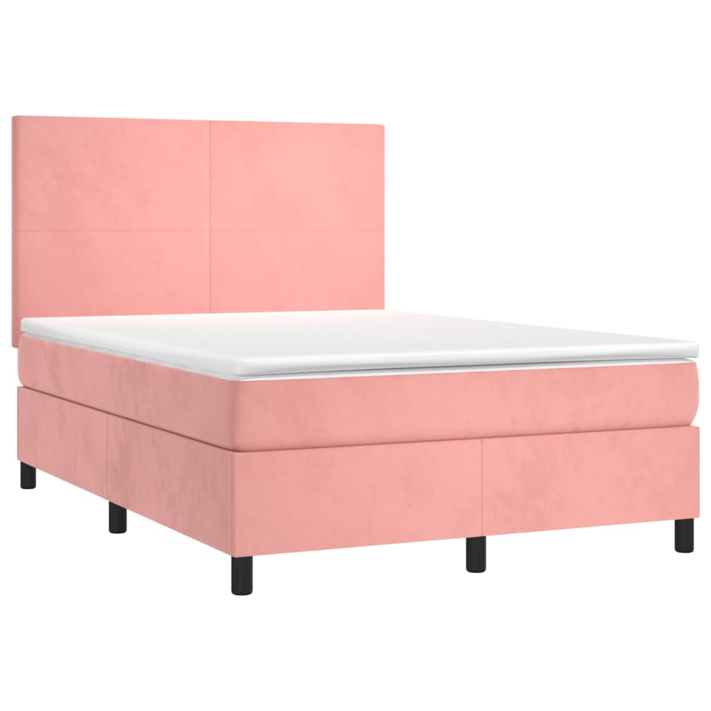 vidaXL Κρεβάτι Boxspring με Στρώμα & LED Ροζ 140x190 εκ. Βελούδινο