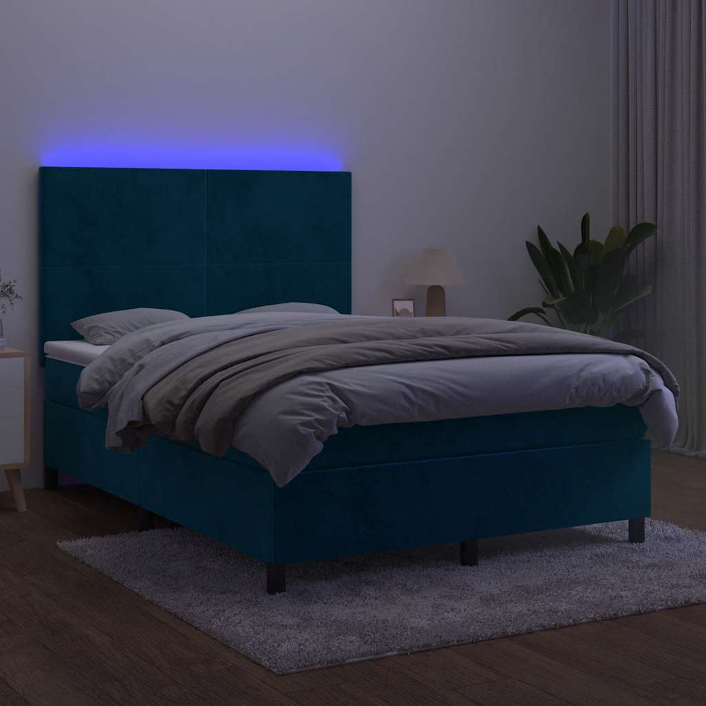 vidaXL Κρεβάτι Boxspring με Στρώμα & LED Σκ. Μπλε 140x200εκ. Βελούδινο