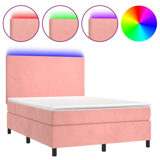 vidaXL Κρεβάτι Boxspring με Στρώμα & LED Ροζ 140x200 εκ. Βελούδινο