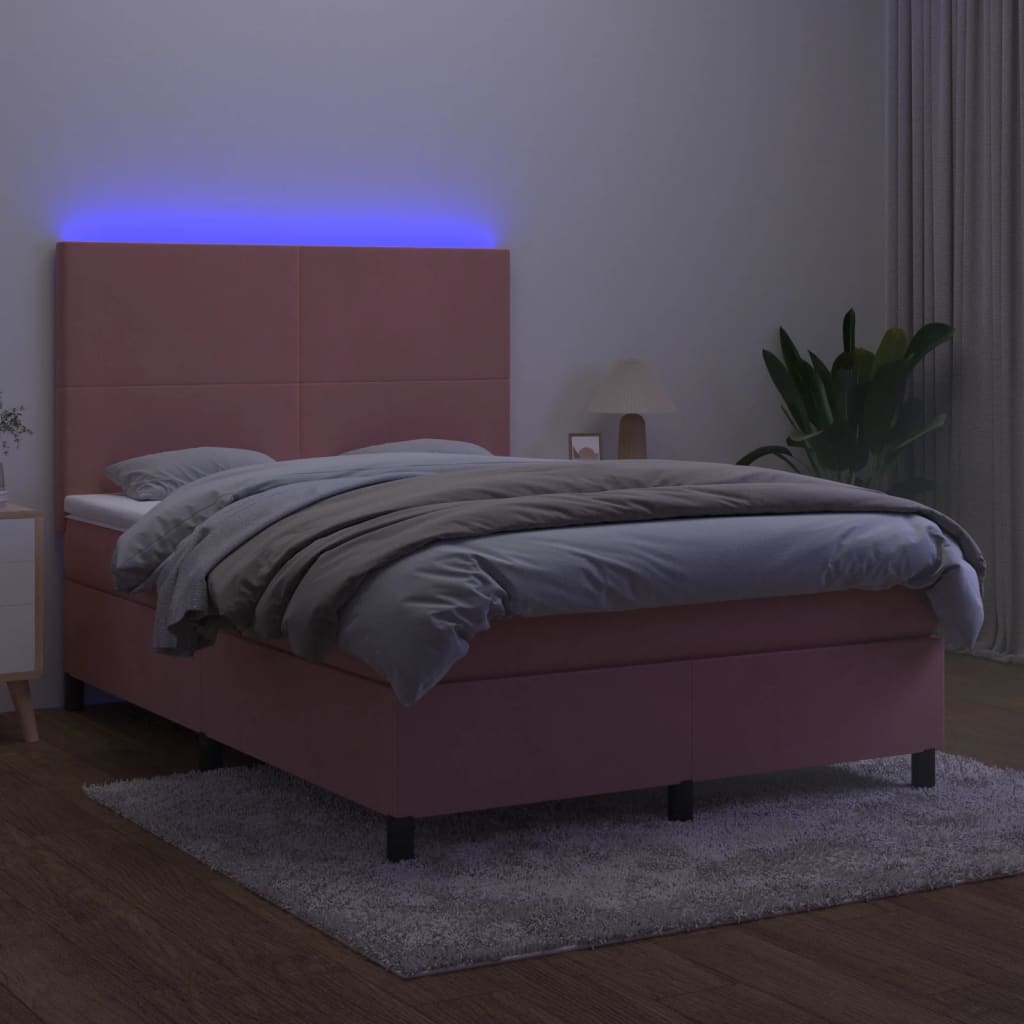 vidaXL Κρεβάτι Boxspring με Στρώμα & LED Ροζ 140x200 εκ. Βελούδινο