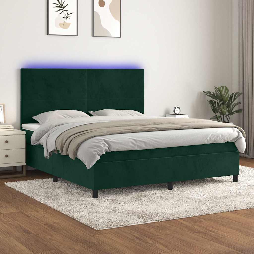vidaXL Κρεβάτι Boxspring με Στρώμα & LED Σκ. Πράσινο 160x200εκ Βελούδο