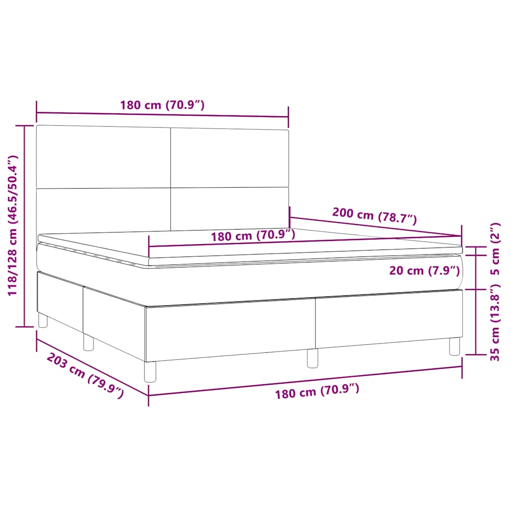 vidaXL Κρεβάτι Boxspring με Στρώμα & LED Σκ. Πράσινο 180x200εκ Βελούδο