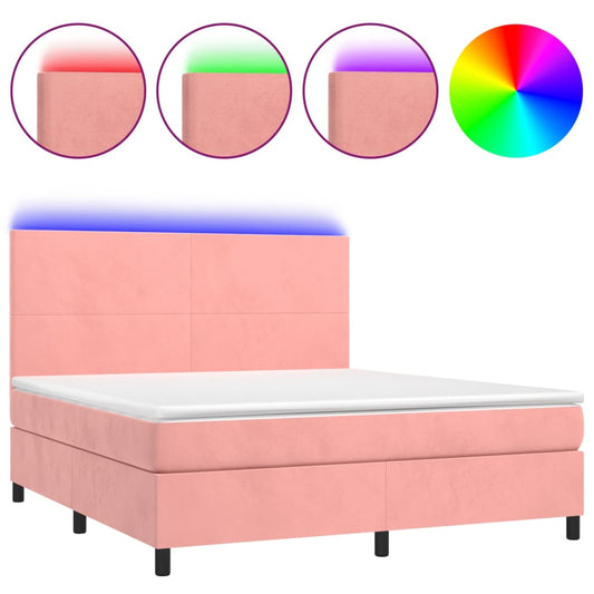 vidaXL Κρεβάτι Boxspring με Στρώμα & LED Ροζ 180x200 εκ. Βελούδινο