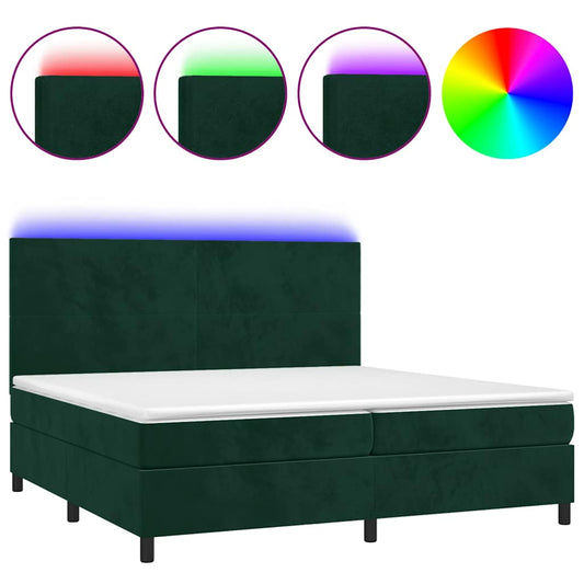 vidaXL Κρεβάτι Boxspring με Στρώμα & LED Σκ. Πράσινο 200x200εκ Βελούδο