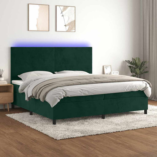 vidaXL Κρεβάτι Boxspring με Στρώμα & LED Σκ. Πράσινο 200x200εκ Βελούδο