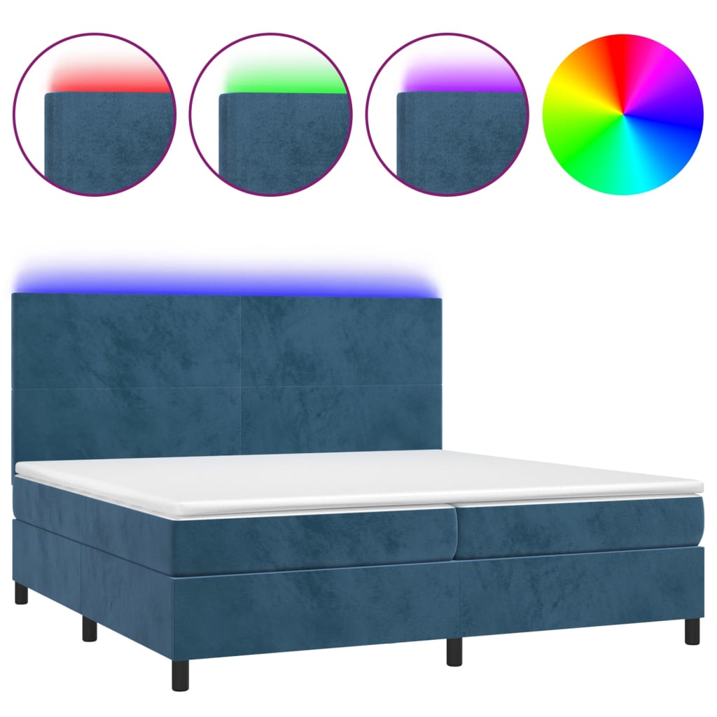 vidaXL Κρεβάτι Boxspring με Στρώμα & LED Σκ. Μπλε 200x200εκ. Βελούδινο