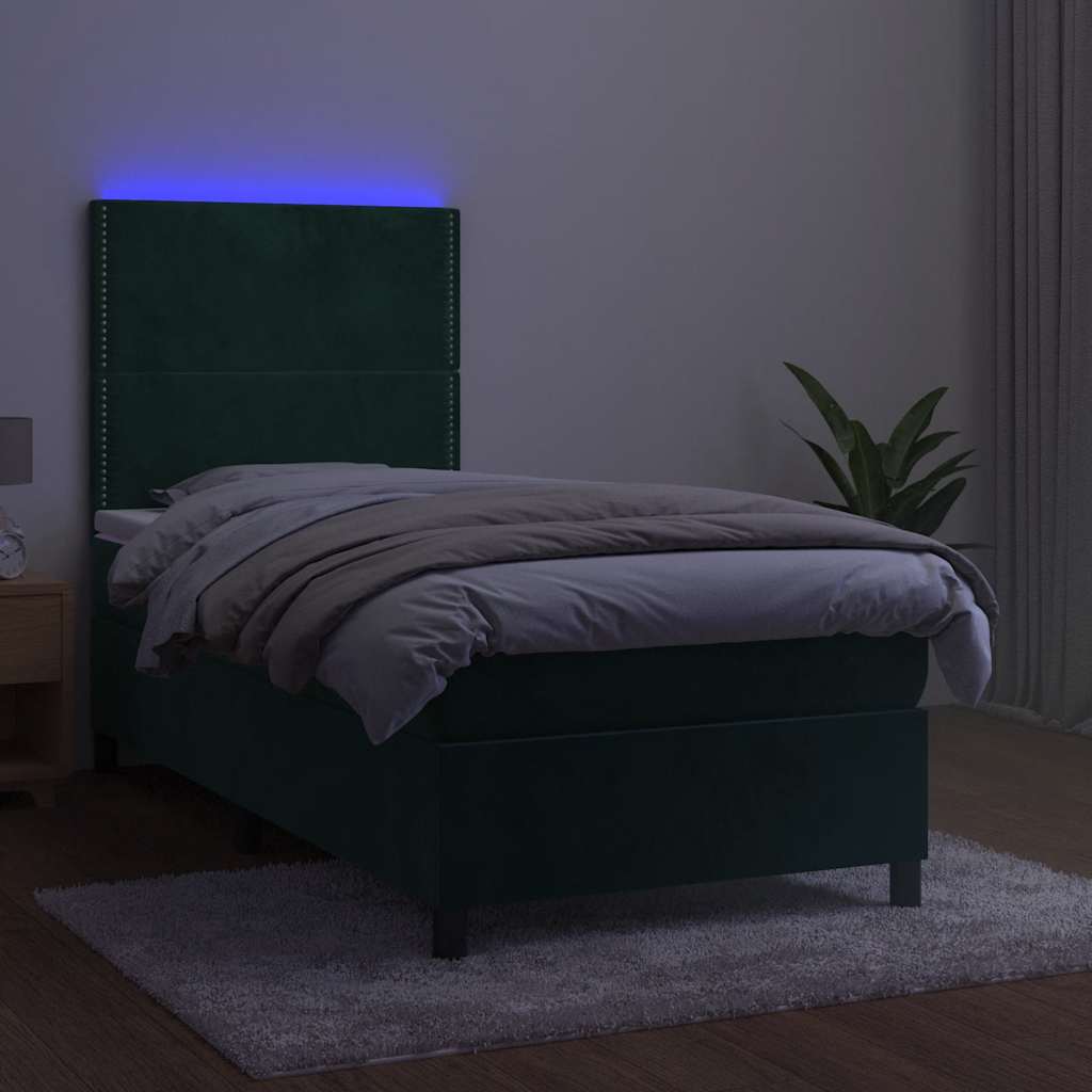 vidaXL Κρεβάτι Boxspring με Στρώμα & LED Σκ. Πράσινο 90x200 εκ Βελούδο