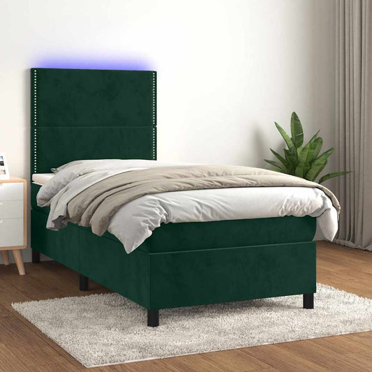 vidaXL Κρεβάτι Boxspring με Στρώμα & LED Σκ. Πράσινο 90x200 εκ Βελούδο