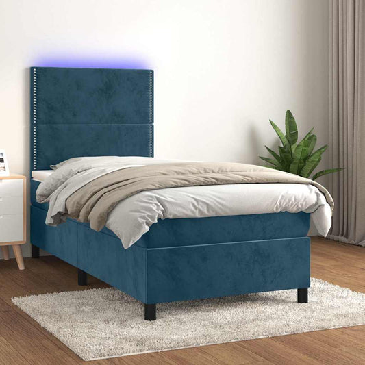 vidaXL Κρεβάτι Boxspring με Στρώμα & LED Σκ. Μπλε 90x200 εκ. Βελούδινο