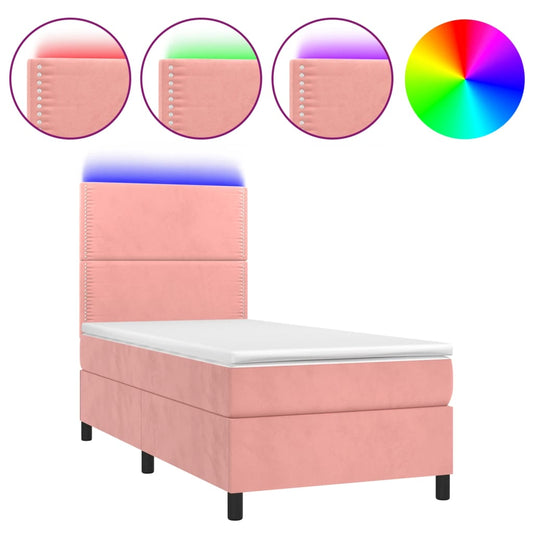 vidaXL Κρεβάτι Boxspring με Στρώμα & LED Ροζ 90x200 εκ. Βελούδινο
