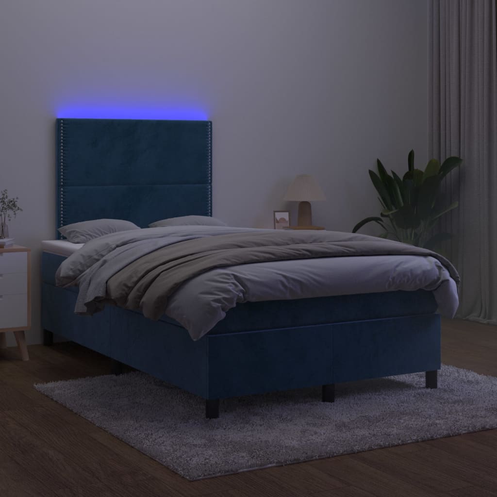 vidaXL Κρεβάτι Boxspring με Στρώμα & LED Σκ. Μπλε 120x200εκ. Βελούδινο