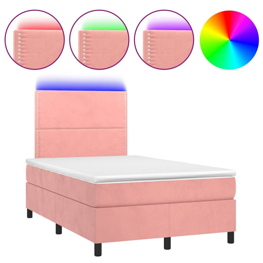 vidaXL Κρεβάτι Boxspring με Στρώμα & LED Ροζ 120x200 εκ. Βελούδινο