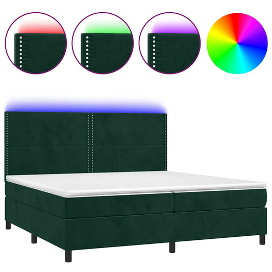 vidaXL Κρεβάτι Boxspring με Στρώμα & LED Σκ. Πράσινο 200x200εκ Βελούδο