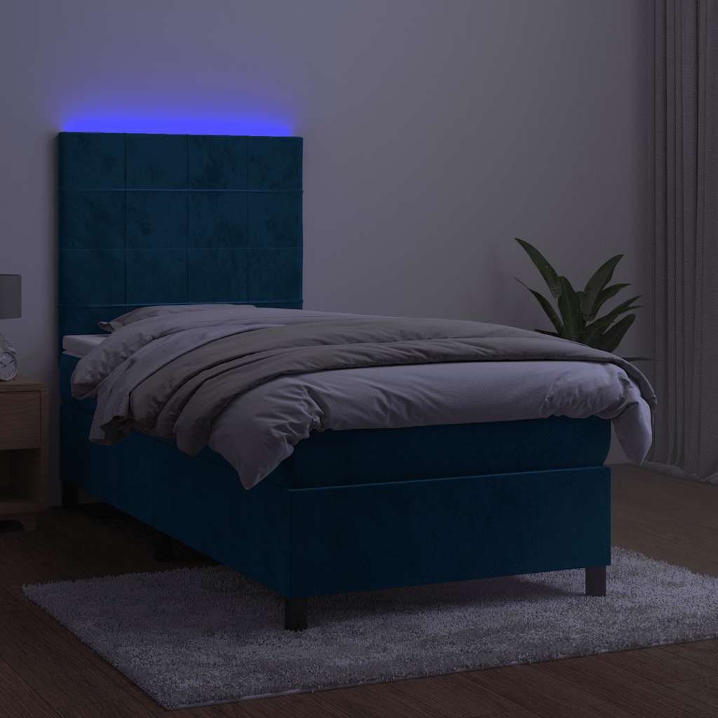 vidaXL Κρεβάτι Boxspring με Στρώμα & LED Σκ. Μπλε 80x200 εκ. Βελούδινο