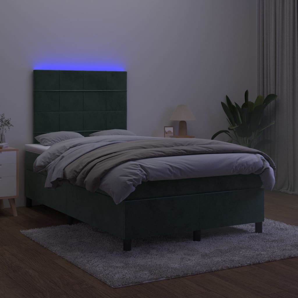 vidaXL Κρεβάτι Boxspring με Στρώμα & LED Σκ. Πράσινο 120x200εκ Βελούδο