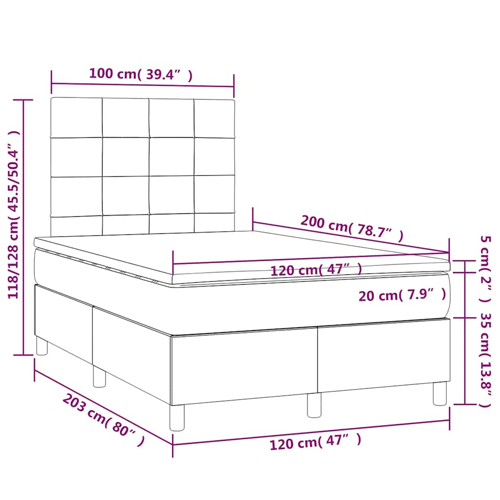 vidaXL Κρεβάτι Boxspring με Στρώμα & LED Σκ. Πράσινο 120x200εκ Βελούδο