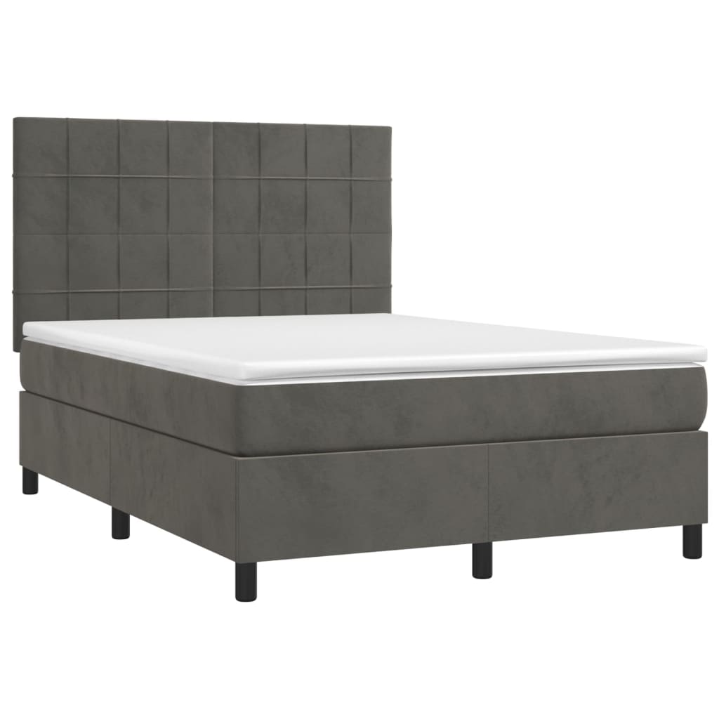 vidaXL Κρεβάτι Boxspring με Στρώμα & LED Σκ. Γκρι 140x190εκ. Βελούδινο