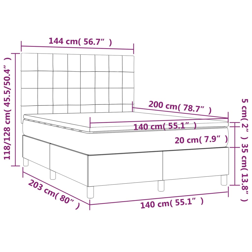 vidaXL Κρεβάτι Boxspring με Στρώμα & LED Σκ. Πράσινο 140x200εκ Βελούδο