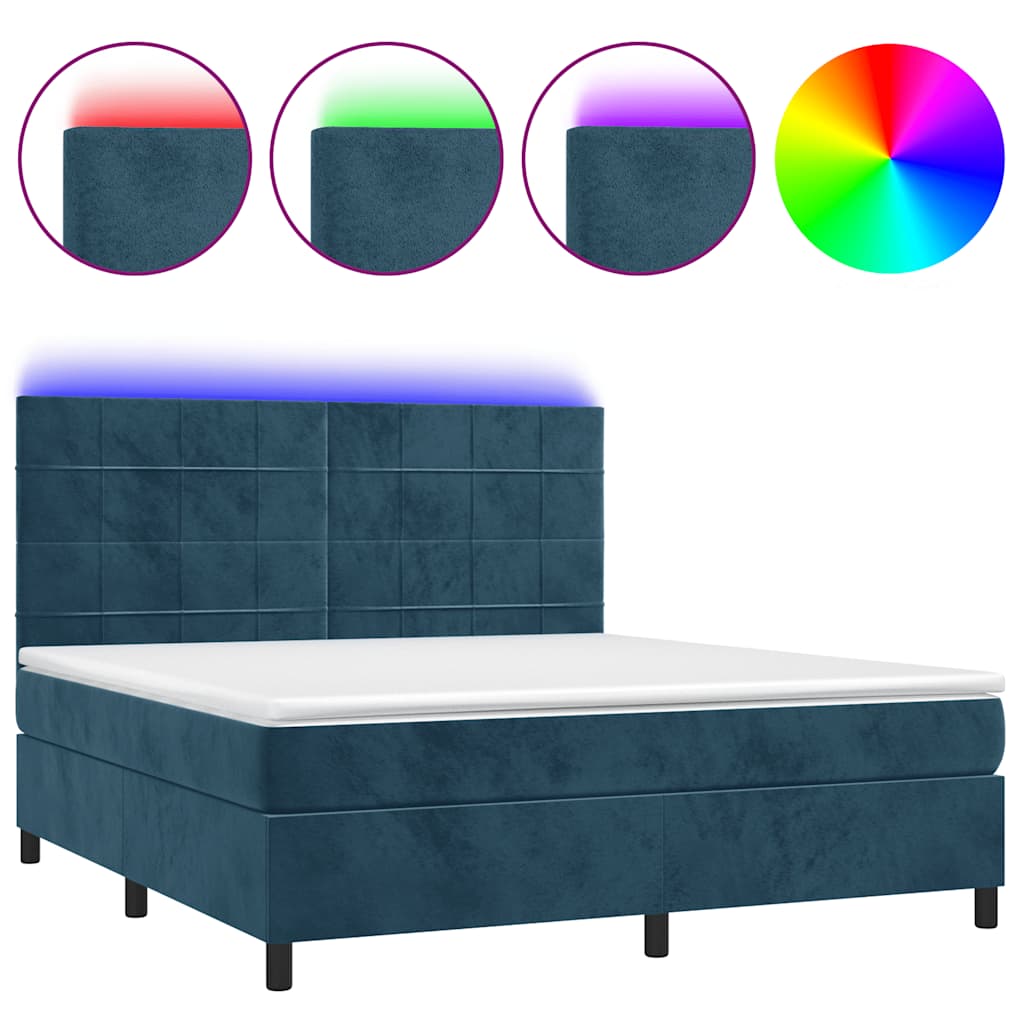 vidaXL Κρεβάτι Boxspring με Στρώμα & LED Σκ. Μπλε 160x200εκ. Βελούδινο