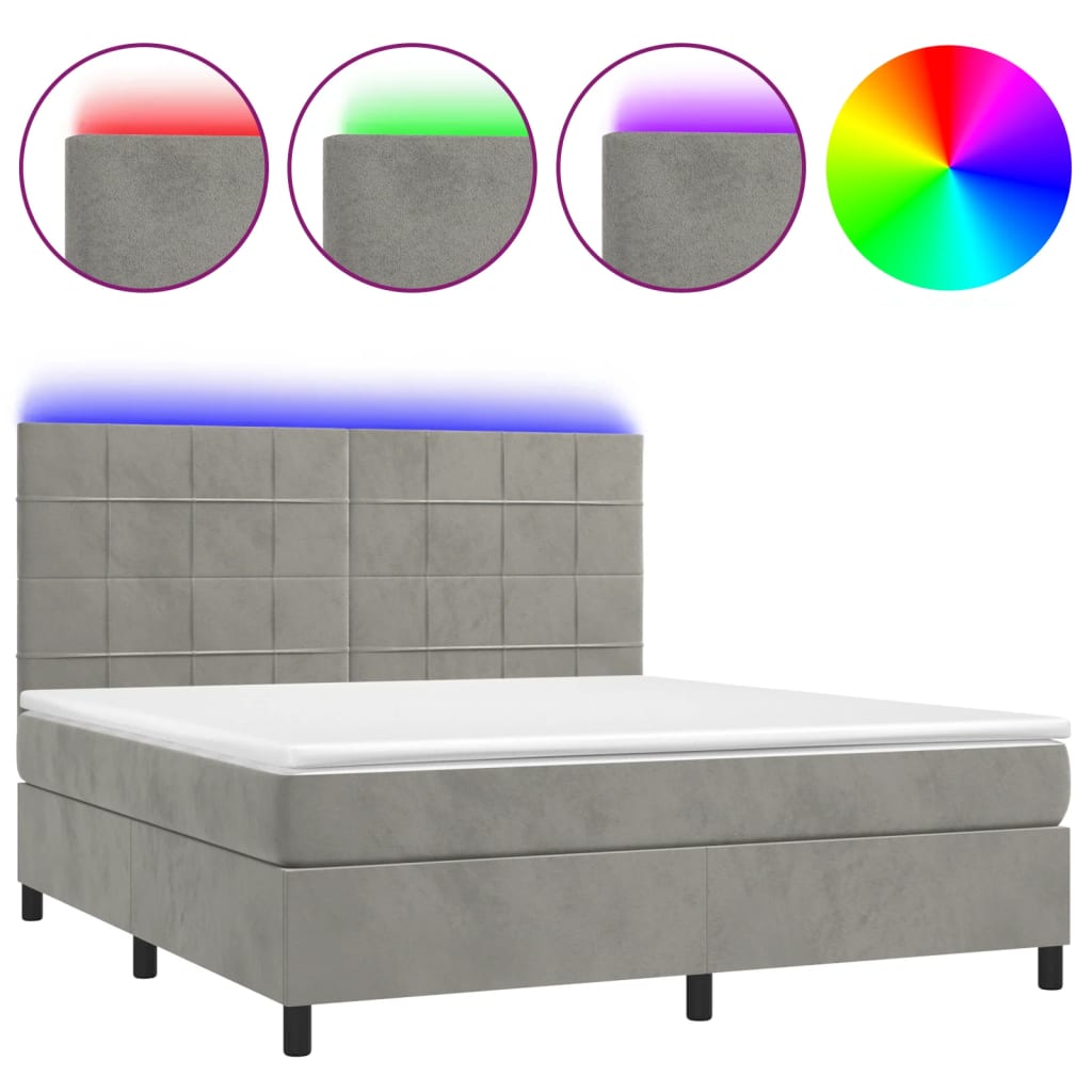 vidaXL Κρεβάτι Boxspring με Στρώμα & LED Αν.Γκρι 180x200 εκ. Βελούδινο