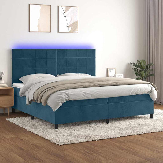 vidaXL Κρεβάτι Boxspring με Στρώμα & LED Σκ. Μπλε 200x200εκ. Βελούδινο