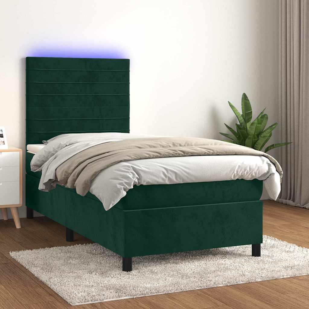 vidaXL Κρεβάτι Boxspring με Στρώμα & LED Σκ. Πράσινο 90x190 εκ Βελούδο