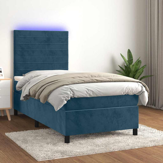 vidaXL Κρεβάτι Boxspring με Στρώμα & LED Σκ. Μπλε 90x190 εκ. Βελούδινο