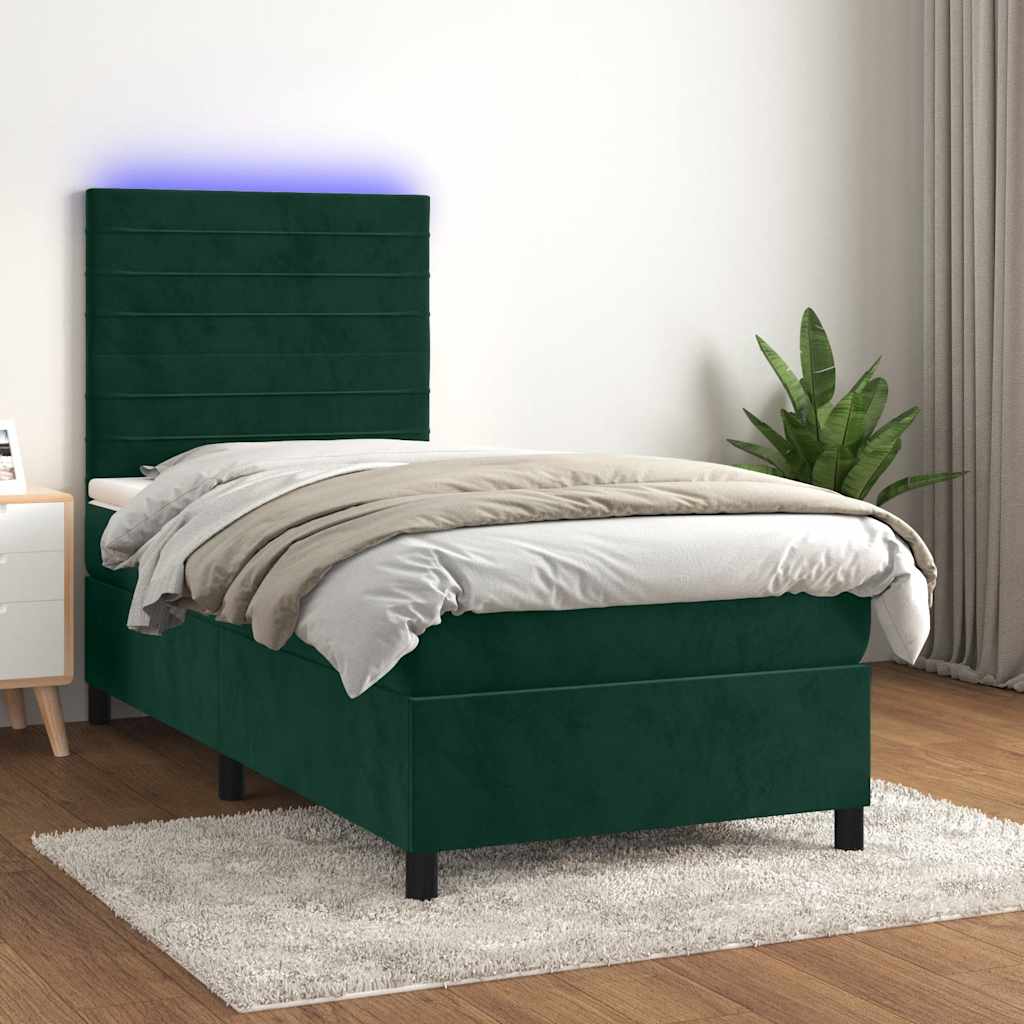 vidaXL Κρεβάτι Boxspring με Στρώμα & LED Σκ. Πράσινο 100x200εκ Βελούδο