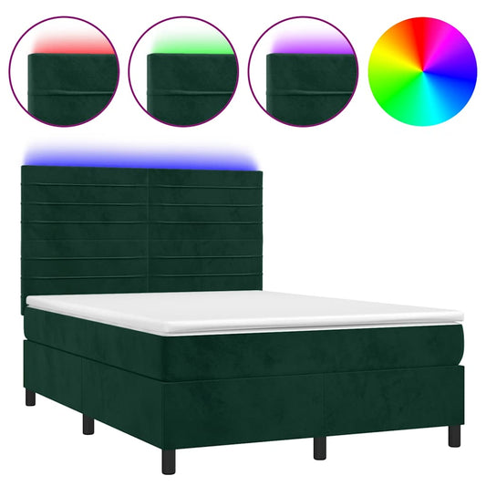 vidaXL Κρεβάτι Boxspring με Στρώμα & LED Σκ. Πράσινο 140x190εκ Βελούδο