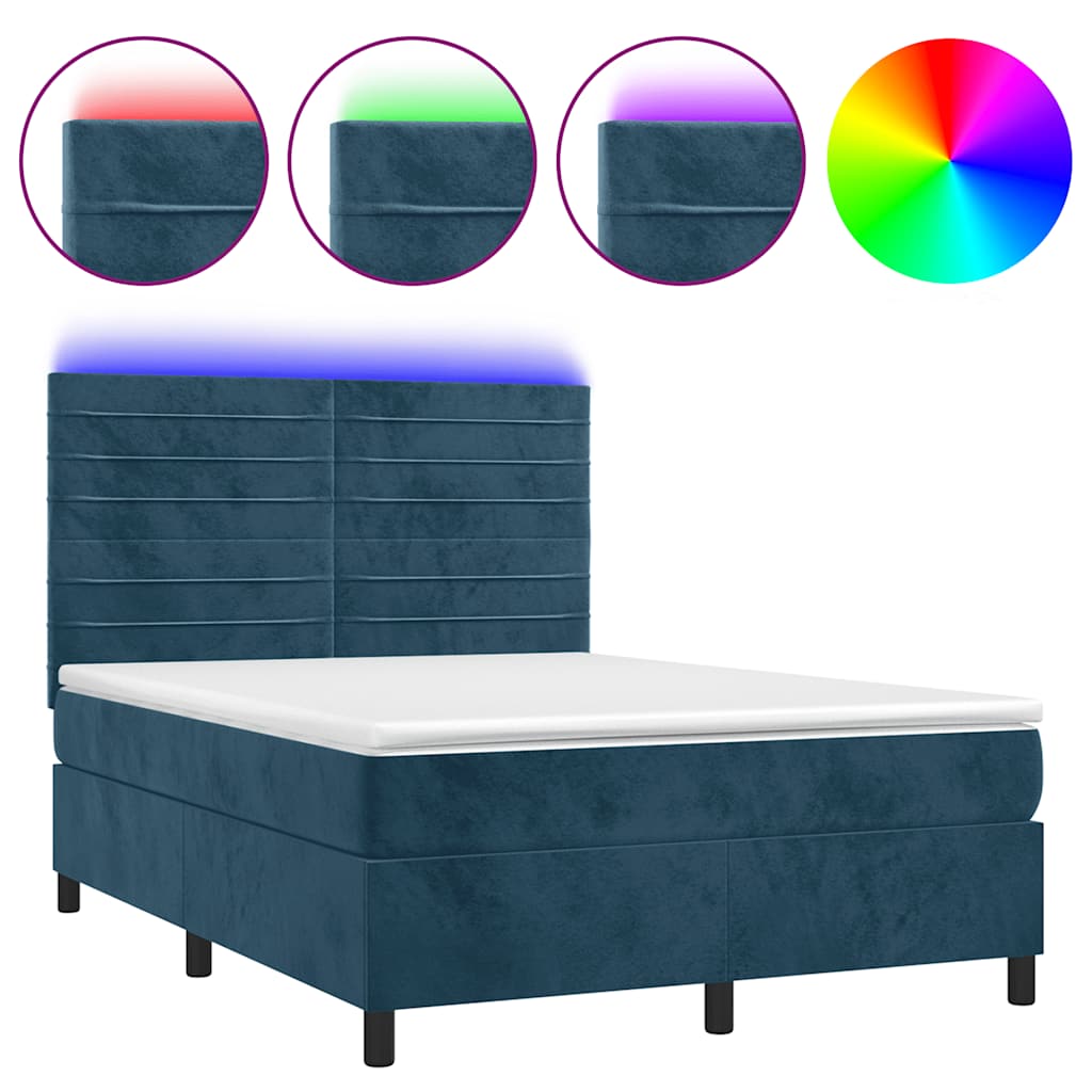 vidaXL Κρεβάτι Boxspring με Στρώμα & LED Σκ. Μπλε 140x190εκ. Βελούδινο