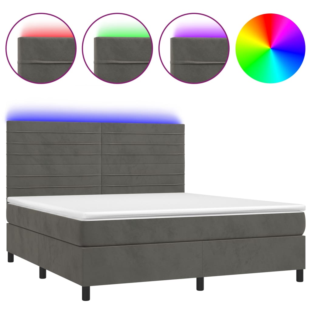 vidaXL Κρεβάτι Boxspring με Στρώμα & LED Σκ. Γκρι 180x200εκ. Βελούδινο