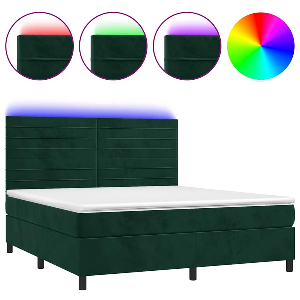 vidaXL Κρεβάτι Boxspring με Στρώμα & LED Σκ. Πράσινο 180x200εκ Βελούδο