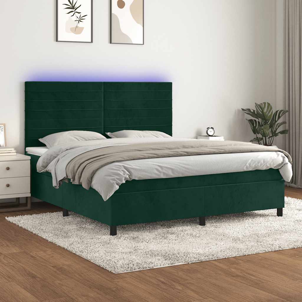 vidaXL Κρεβάτι Boxspring με Στρώμα & LED Σκ. Πράσινο 180x200εκ Βελούδο