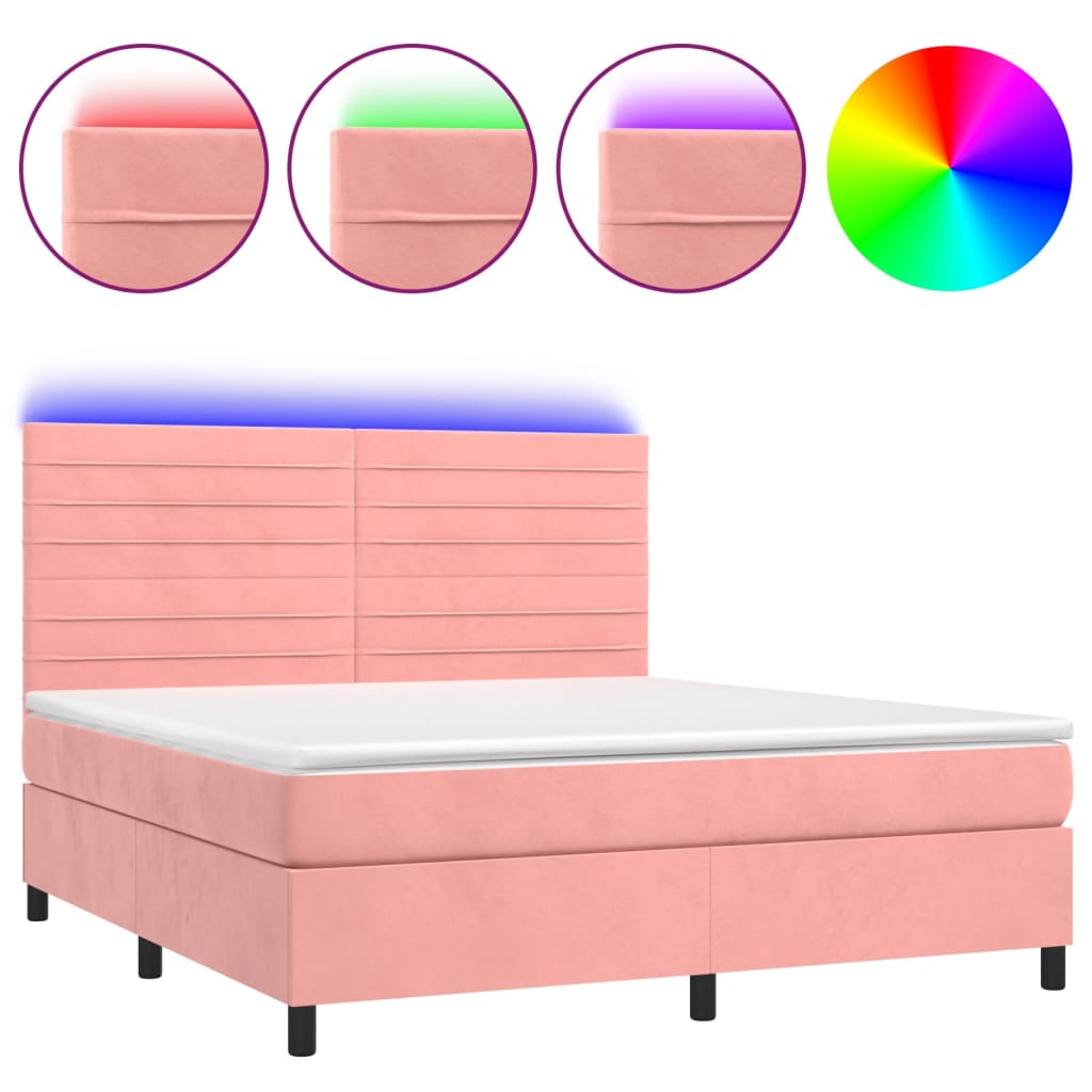 vidaXL Κρεβάτι Boxspring με Στρώμα & LED Ροζ 180x200 εκ. Βελούδινο