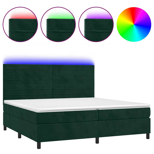 vidaXL Κρεβάτι Boxspring με Στρώμα & LED Σκ. Πράσινο 200x200εκ Βελούδο
