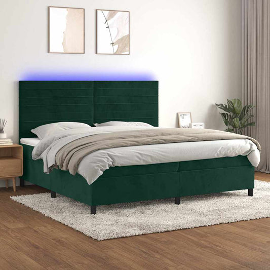 vidaXL Κρεβάτι Boxspring με Στρώμα & LED Σκ. Πράσινο 200x200εκ Βελούδο