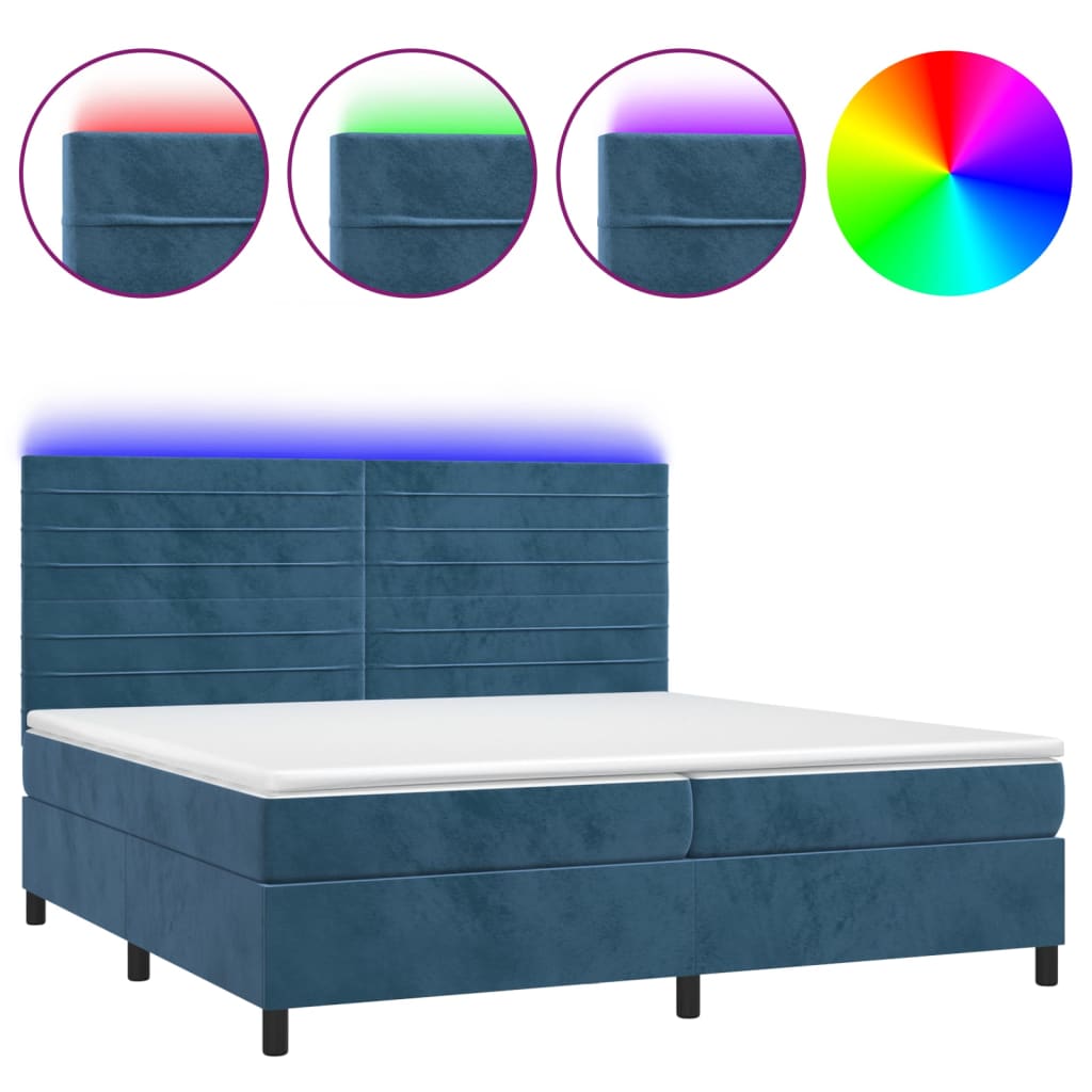 vidaXL Κρεβάτι Boxspring με Στρώμα & LED Σκ. Μπλε 200x200εκ. Βελούδινο
