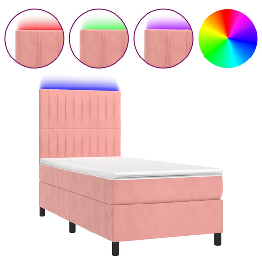 vidaXL Κρεβάτι Boxspring με Στρώμα & LED Ροζ 80 x 200 εκ. Βελούδινο
