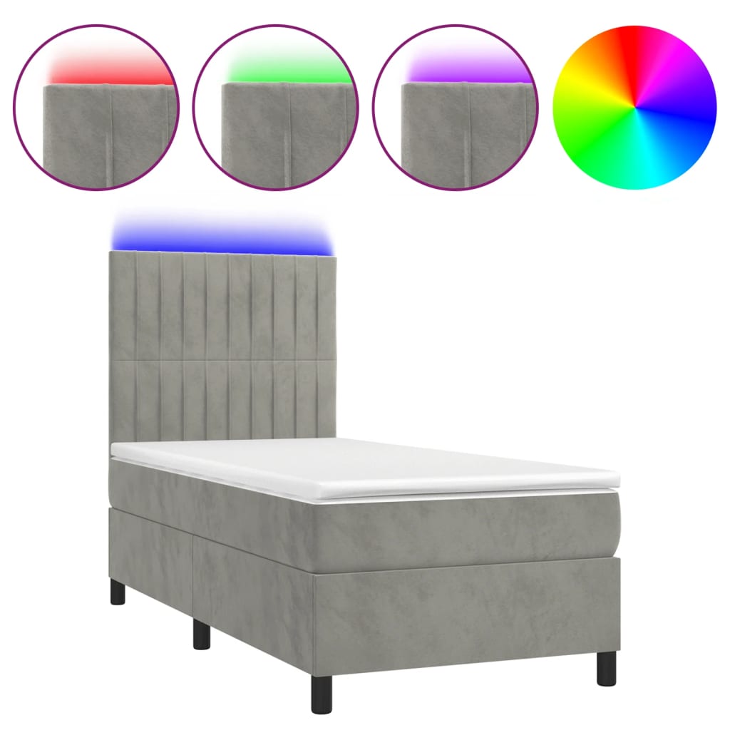 vidaXL Κρεβάτι Boxspring με Στρώμα & LED Αν.Γκρι 90x190 εκ. Βελούδινο