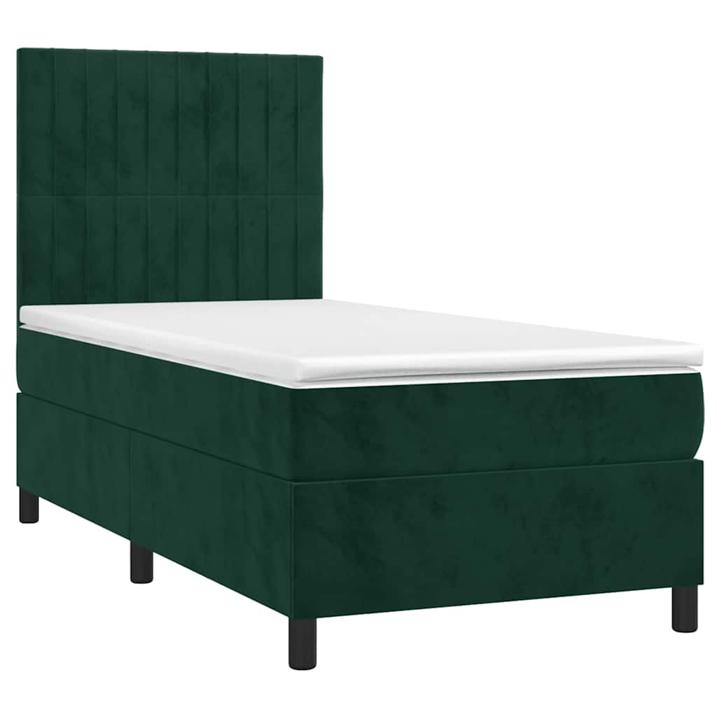 vidaXL Κρεβάτι Boxspring με Στρώμα & LED Σκ. Πράσινο 100x200εκ Βελούδο