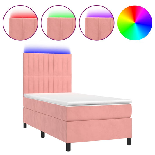 vidaXL Κρεβάτι Boxspring με Στρώμα & LED Ροζ 100x200 εκ. Βελούδινο