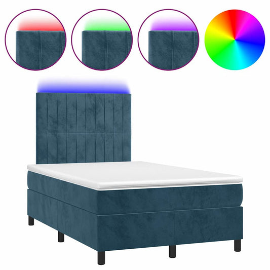 vidaXL Κρεβάτι Boxspring με Στρώμα & LED Σκ. Μπλε 120x200εκ. Βελούδινο
