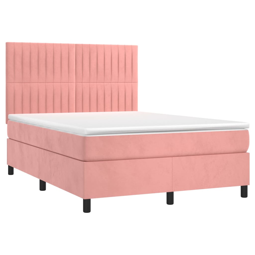 vidaXL Κρεβάτι Boxspring με Στρώμα & LED Ροζ 140x190 εκ. Βελούδινο