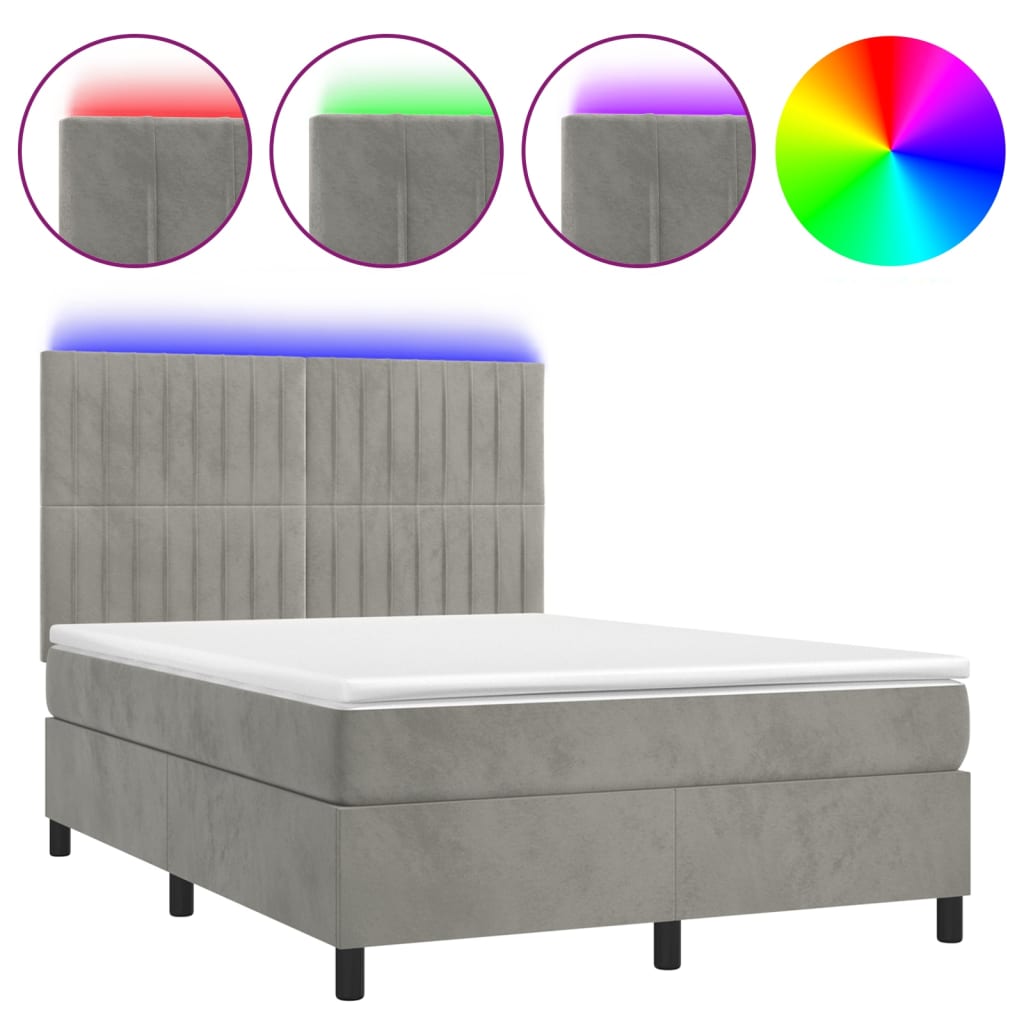vidaXL Κρεβάτι Boxspring με Στρώμα & LED Αν.Γκρι 140x200 εκ. Βελούδινο