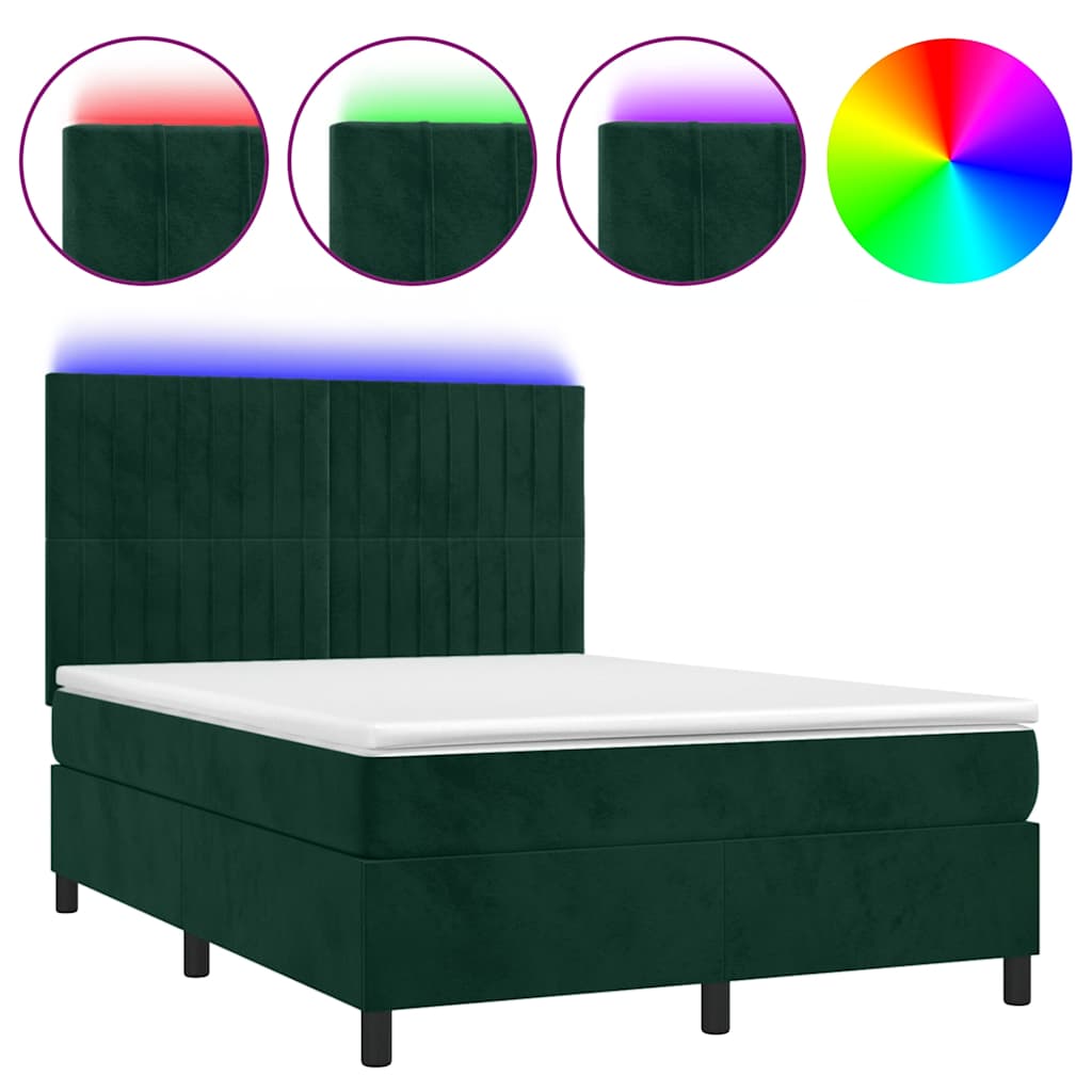 vidaXL Κρεβάτι Boxspring με Στρώμα & LED Σκ. Πράσινο 140x200εκ Βελούδο