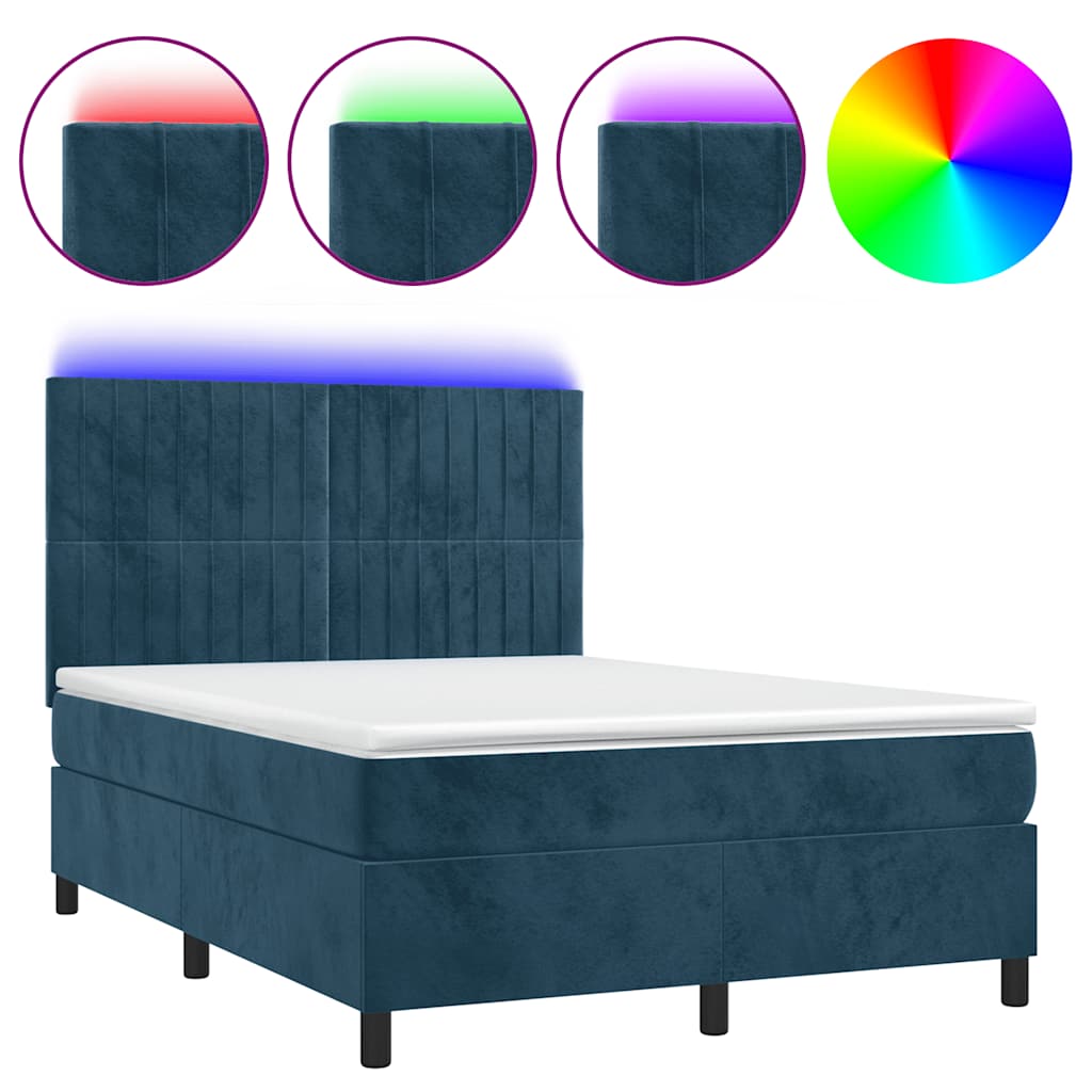 vidaXL Κρεβάτι Boxspring με Στρώμα & LED Σκ. Μπλε 140x200εκ. Βελούδινο