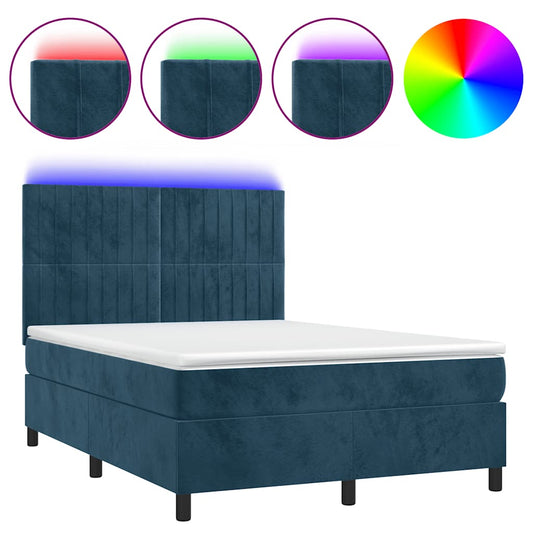 vidaXL Κρεβάτι Boxspring με Στρώμα & LED Σκ. Μπλε 140x200εκ. Βελούδινο