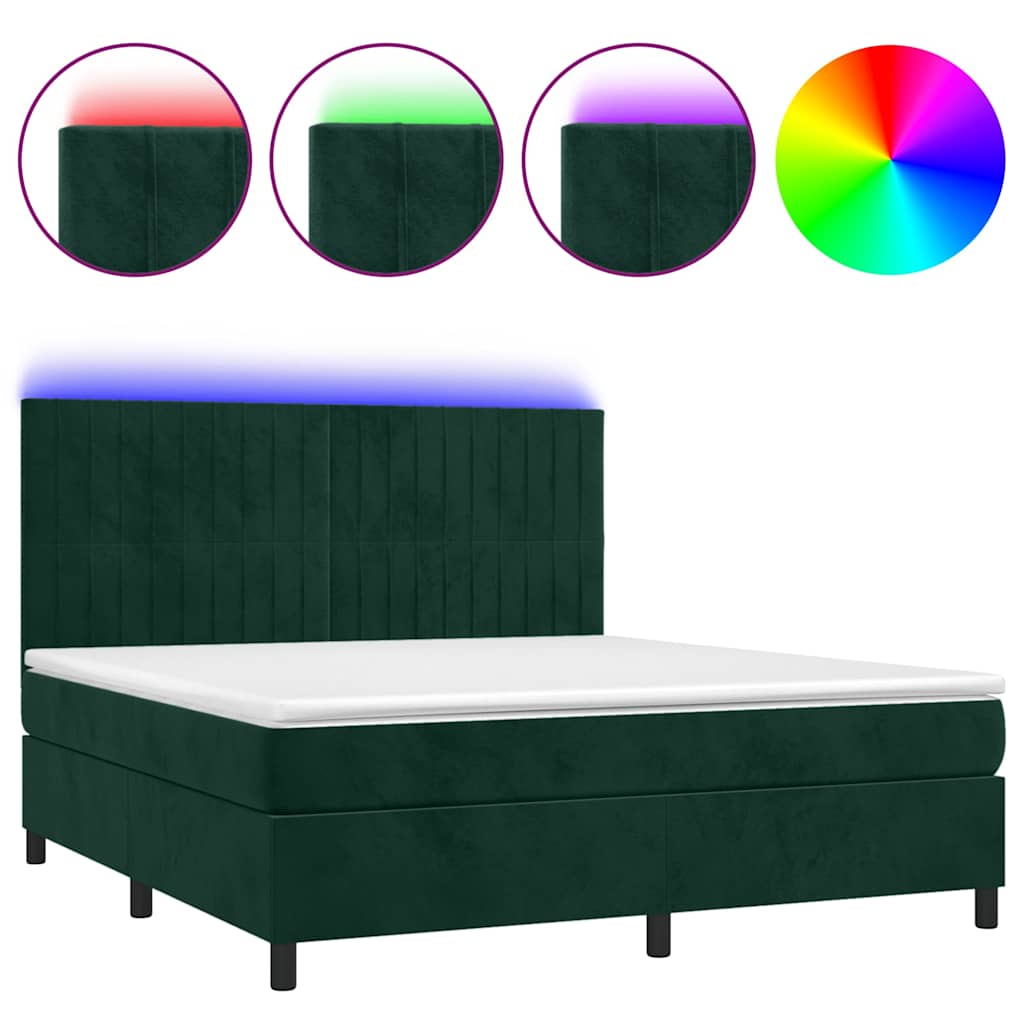 vidaXL Κρεβάτι Boxspring με Στρώμα & LED Σκ. Πράσινο 160x200εκ Βελούδο